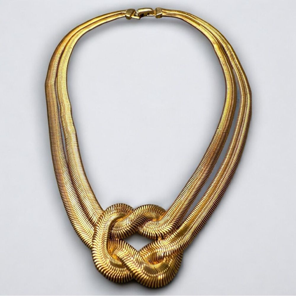 Chunky Gold Triple Strand Knot Necklace Vintage Statement Bold Elegant
